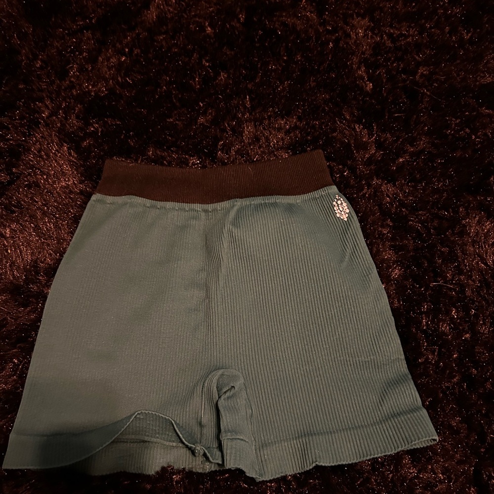 Green Ribbed Free People Biker Shorts with Black Waistband